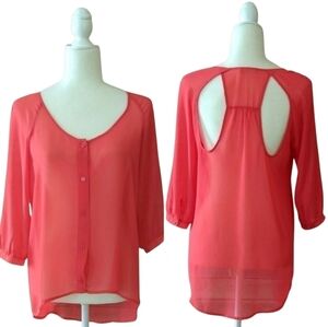 Lush top coral red sheer 3/4 sleeve cutout back detail buttoned women's size S